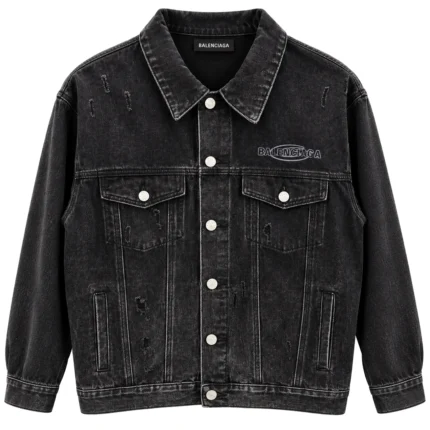 Balenciaga Spray Logo Distressed Denim Jacket - Black